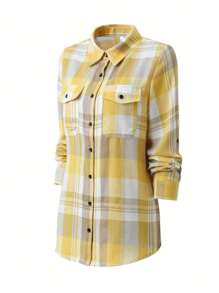 Camisa casual de poliéster con bolsillo, puño y cuello a cuadros, estilo universitario para uso diario, vacaciones y al aire libre, primavera