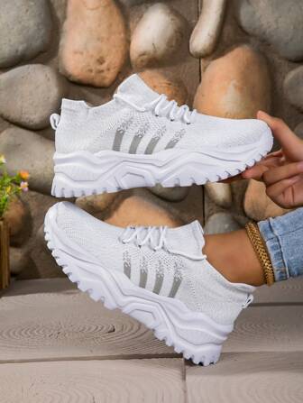 1 双女士时尚、多功能、舒适运动鞋 - 厚底白色厚底运动鞋、厚底鞋、一脚蹬休闲低帮软底轻便步行鞋