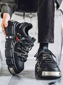 New 2024 High-End Punk Style Skull Decoration Thick Sole Derby Shoes For Men, Mixed Colors Casual Sneakers With Metal Accent, Heightening Design