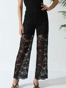 Dark Style Lace Contrast Mesh Long Pants, Minimalist And Fashionable, Suitable For Summer