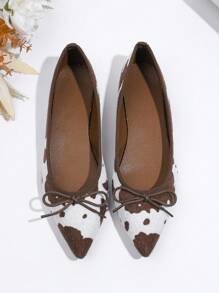 Women's Brown Pointed Toe Ballet Flats With Bow Decor, Elegant Slip-On Soft Bottom Loafers With Animal Print Fabric