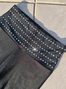 Fluorescent High Waist A Diamond Rhinestone Leggings, Shiny Elastic Tight Fit Pants, Sexy Color Cropped Women's Trousers - Black - View 7