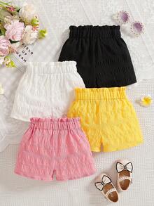 Set de 4 pantalones cortos tipo bombacho con decoración de moño en unicolor para bebés niñas, adecuado para salidas diarias en verano - Multicolor - Ver 3