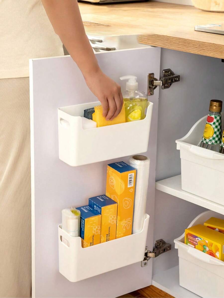 1pc Kitchen Cabinet Door Inner Storage Box, Wall Mounted Non Perforated Cabinet, Cling Film Hanger, Bathroom Storage Rack, Household Cabinet Storage Box Cleaning Tool Storage Box, Storage Rack, And Storage Basket. Cabinet Storage .