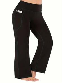 3pcs Women Plus Size High Waist Wide Leg Pants With Pockets, Bootcut Yoga Pants