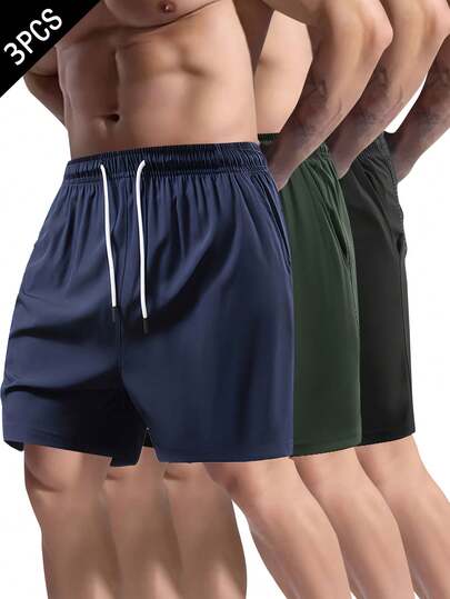 3条装男士纯色抽绳腰短裤速干薄款夏季休闲徒步户外跑步运动裤