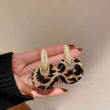 2 Pcs Silver Hook Acrylic Leopard Print Geometric Hoop Earrings – Modern European Bold Statement Design - Golden - View 3