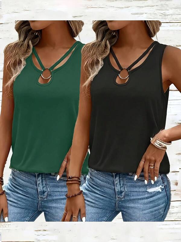 2 Stücke einfaches ärmelloses Top mit Rundhalsausschnitt, Damen Lässig Sommer Bluse