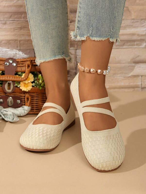 Women's Casual Round Toe Flat Shoes, Comfortable Breathable Lightweight Solid Color Elegant Criss-Cross Strap Slip-On Shoes, Suitable For All Seasons