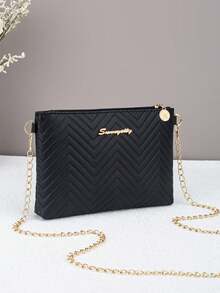 Women's New Fashionable Wave Embossed Chain Crossbody Bag, S Branded Hardware Shoulder Bag, Clutch Envelope Bag, With Detachable Strap And Security Zipper - Black - View 4