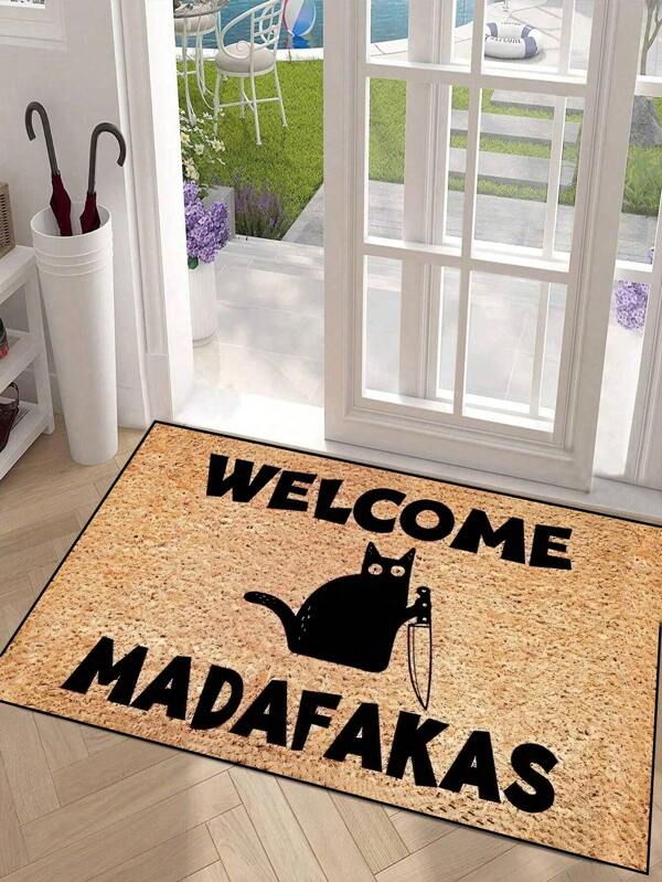 1 Stück Fußmatte mit Katze die ein Messer hält und "Willkommen" Muster, einfacher Stil Innen- & Außenteppich rutschfest, maschinenwaschbar anti-verschmutzend saugfähig schnelltrocknend, geeignet für Küche, Esszimmer, Flur, Bad, Schlafzimmer, Außenbereich, Eingangsbereich, Heimdekoration, Raumdekoration, Jahreszeit-Teppich, Bodenbelag, Fußmatte, Wohnzimmerteppich, Küchenteppich, Schlafzimmerdekoration, Decken und Überwürfe, Badezimmerdekoration, Raumdekoration, Bürodekoration, Hausdekoration, Wohnzimmerdekoration, Badezimmerteppich, Raumdekoration Ästhetik