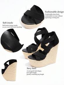 女士复古坡跟防水台编织一脚蹬凉鞋，厚底，交叉绑带，松紧带，踝带，厚底高跟凉鞋，适合春夏季度假，波西米亚风格，性感俱乐部