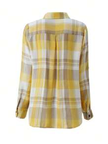 Camisa casual de poliéster con bolsillo, puño y cuello a cuadros, estilo universitario para uso diario, vacaciones y al aire libre, primavera