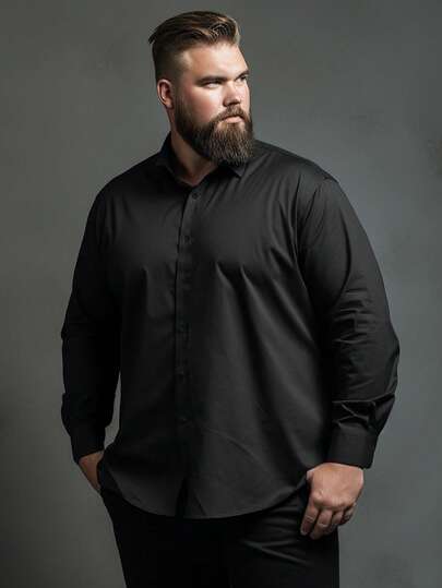 Camisa de manga larga para hombres de talla grande, camisa negra de botones, chaqueta casual de unicolor de moda para hombres altos y grandes, para el otoño