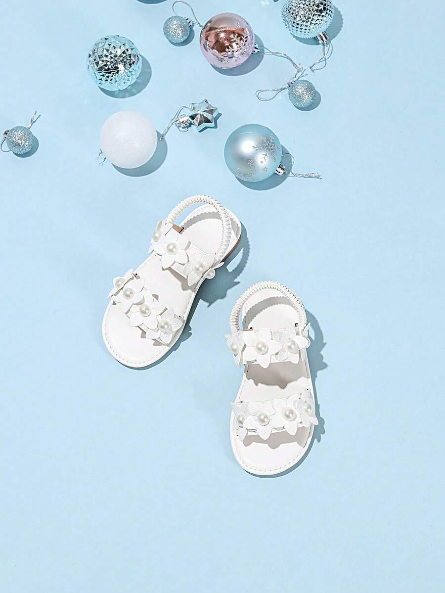 1 Pair Girls' Cute Floral & Pearl Decorated Sandals, Suitable For Daily Wear In Summer - White - View 1