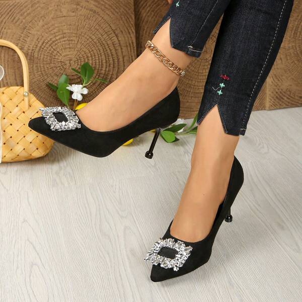 Elegante spitze Damenschuhe mit hohem Absatz in Schwarz, mit Strass-Schnalle, weichem Flanellschaft und Gummilaufsohle, geeignet für den ganzen Tag, für berufliche oder legere Outfits, vielseitige High Heels | Minimalistische Damenschuhe | Strapazierfähige Gummilaufsohle, einfarbig, Lässig, für Outdoor, Party, elegant, mit Stoffschnalle, hoher Absatz, geeignet für Hochzeit, Party, Büro, alle Jahreszeiten