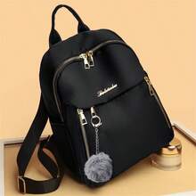 1Pc Women Fashion Backpack Large Capacity Casual Travel Backpack Ladies Bag New Student Schoolbag Backpack Unisex Bags Solid Color Pocket Zipper Backpack, Travel Daily Bag, Women's Casual School Backpack Small Backpack, Outdoor Casual Backpack With Plush Ball Pendant - Black - View 6