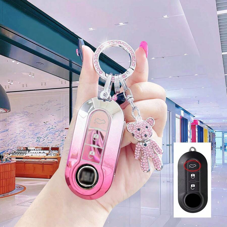 Porte-clés de voiture Fiat 500, pendentif charmant en forme d'ours rose dégradé pailleté pour femme/homme, porte-clés cristal perlé exquis, pendentif pour sac à dos, accessoires mignons, étui de protection en TPU. Convient aux véhicules Fiat 500/Panda/Stilo/Brava/Bravo/Doblo/Iveco. Cadeau idéal pour les amoureux