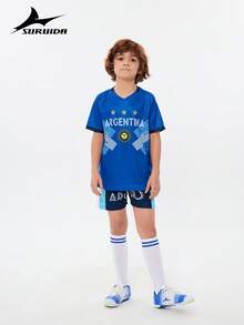 SURUIDA 2pcs Argentina Soccer Jersey Set For Teens And Kids, Including Shirt And Shorts, Casual Sports Style Suitable For Match, Training, And Stage Performance - 藍色 - 查看 7