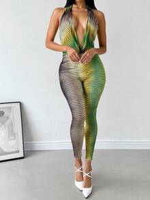 Jumpsuit palazzo mono pantalón sexy dama mujer tejido stretch diseño geométrico líneas contraste corte cintura escote  V tipo halter espalda descubierta bajo amplio recto playa calor día noche fiesta vacaciones primavera verano fresco - Verde - Ver 5