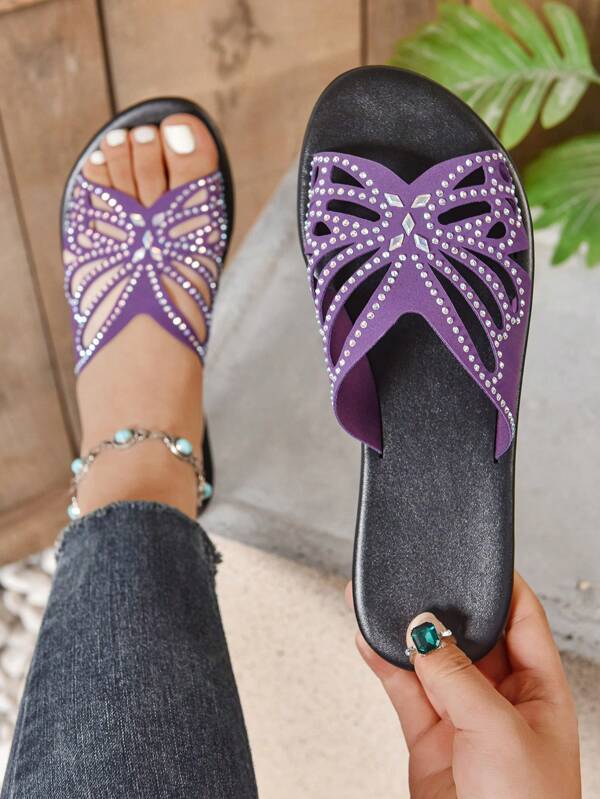 Women's Wide Fit Flat Sandals With Rhinestone Butterfly Design, Slip-On, Comfortable, Lightweight, Versatile Hollow-Out Sandals For Party, Outdoor, Beach, Casual Wear