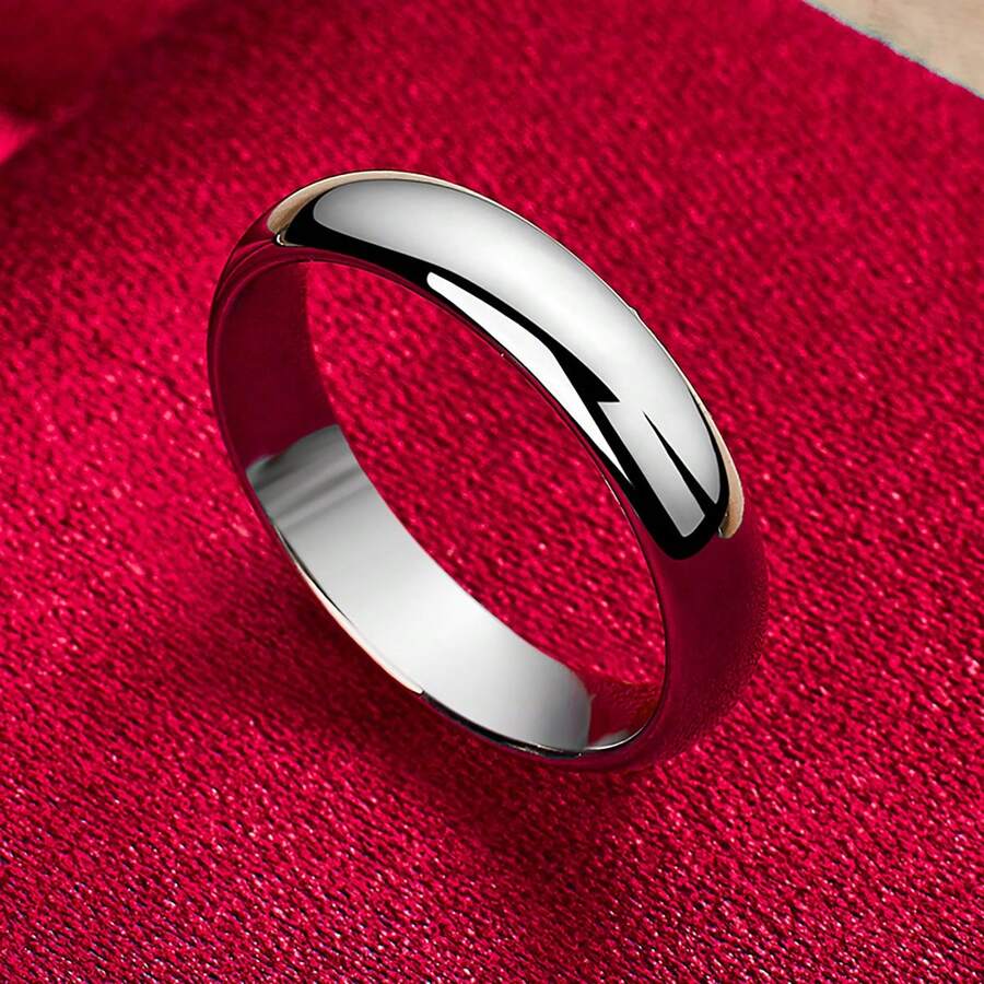 925纯银镀层圆形光滑戒指，女士时尚婚礼订婚派对礼物首饰 - 銀色 - 查看 1