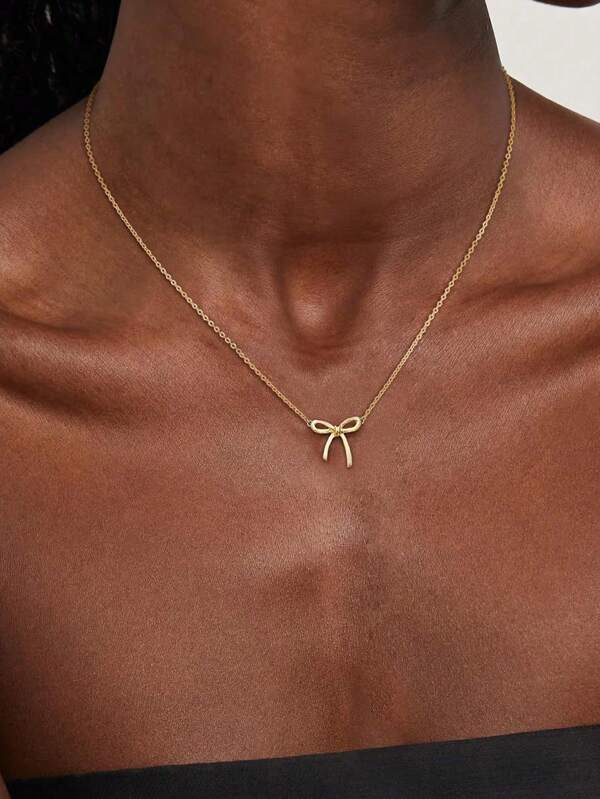 1 Piece Of Minimalist Gold Plated Bow - Shaped Pendant Necklace For Women, Ideal For Daily And Casual Occasions