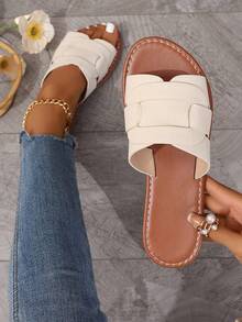 Sandales plates tressées décontractées pour femmes, mules à bout ouvert à enfiler pour l'été, le printemps, la plage, les vacances - Beige - Voir 1
