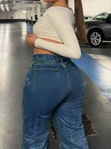 Pantalones vaqueros de pierna ancha lavados de estilo casual y versátil para mujer