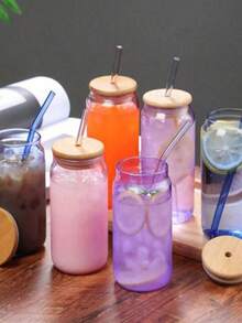 1pc 400ml/550ml Simple Transparent Cylindrical Large-Capacity Straw Glass With Lid, Hotel Restaurant Lemonade Milk Tea Cola Drink Cup, Office Home Daily Life Multi-Purpose Drinking Cup - Transparent  Cup - View 5