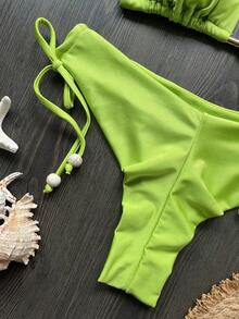 Women's Green Halter Solid Fabric Bikini Vacation Beach Summer - Green - View 4
