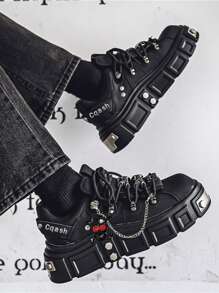 New 2024 High-End Punk Style Skull Decoration Thick Sole Derby Shoes For Men, Mixed Colors Casual Sneakers With Metal Accent, Heightening Design