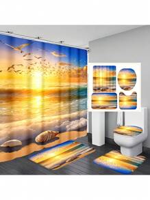 1pc/4pcs Ocean & Beach Floral Print Bathroom Curtain Set 12 Hooks, Anti-Slip Bath Mat, U-Shaped Toilet Mat & Round Toilet Cover, Multifunctional Bathroom Set For All Occasions Back To School