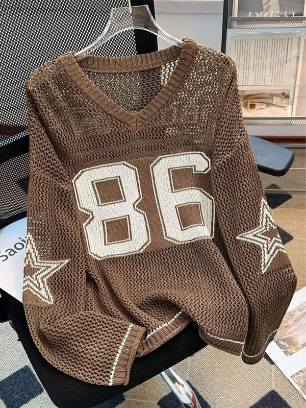 Sudadera deportiva de mujer con estampado de dígitos oversize, blusa holgada de punto elegante de estilo casual de pareja para el verano