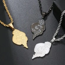 RINTOLER 1pc Vintage Stainless Steel Rose Skull Pendant Necklace, Fashionable For Men's Daily Outfit, Travel Or Gift - Gold - View 10