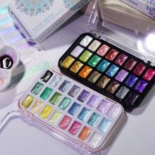 Set de pintura de acuarela sólida metálica perlada de 24 colores con brillo dorado: perfecto para el arte de uñas, pintura Thangka, dorado y diseños artísticos - Paleta compacta y práctica para viajar, vuelta al colegio, útiles escolares