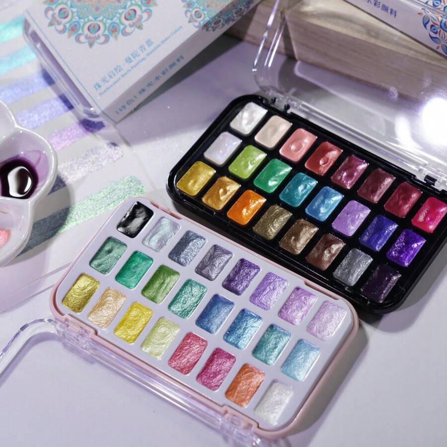 Set de pintura de acuarela sólida metálica perlada de 24 colores con brillo dorado: perfecto para el arte de uñas, pintura Thangka, dorado y diseños artísticos - Paleta compacta y práctica para viajar, vuelta al colegio, útiles escolares