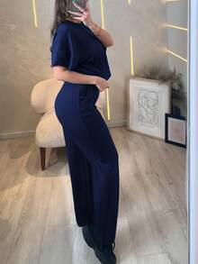 2pcs Casual Women Set, Solid Color Short Sleeve Top And Elastic Waist Pocket Pants, Spring/Summer