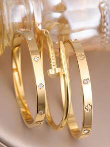 3pcs Fashion 18K Gold Plated Stainless Steel Four-Leaf Clover Nail Bracelet, Suitable For Women's Party, Daily Wear, European And American Style, Personalized, Generous, Luxury Cubic Zirconia Wristband, Wedding Jewelry Set, Gift For Girls, Women, Relatives, Friends, Beautiful Wedding, Birthday, Valentine's Day, Mom, Mother, Mother's Day, Gift