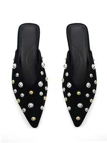 2025 Autumn Women's Fashion Rivet Decor Black Faux Suede Pointed Toe Comfortable Slip-On Mule Flats For Daily Wear And Party - Black - View 3