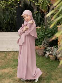 1pc Girls Kids Fuchsia Loose Dress, New Round Neck Ruffle Hem Solid Color Girls Kids Dress, Elastic And Comfortable, Suitable For Daily Outings, Home Wear Girls Arabic Abaya - Pink - View 2