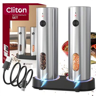 CLITON 1/2/2pcs Rechargeable Electric Salt And Pepper Grinder Set With Automatic LED Light - One-Handed Operation, Dual Charging Base, Adjustable Coarseness - Premium Automatic Spice Grinder