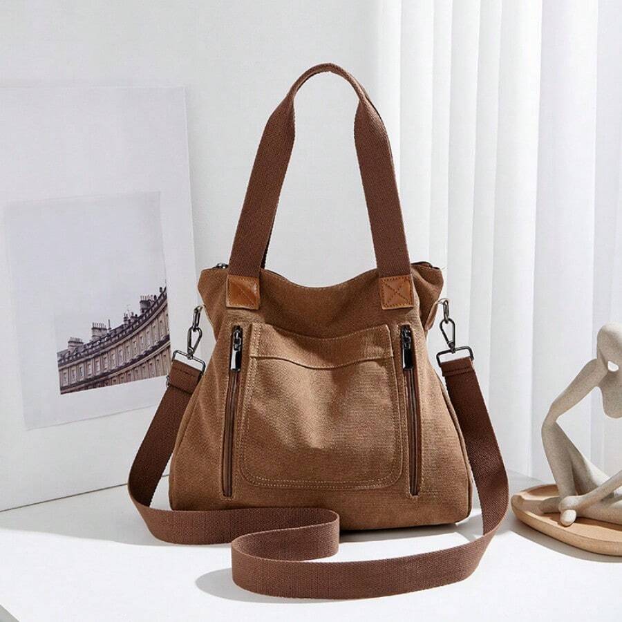 Women's Plain Zip Front Large Capacity Casual Shoulder Bag