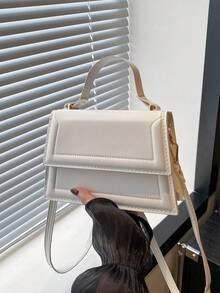 1个新款迷你时尚手提包，纯色纹理PU材质翻盖方形手提包，简约西式百搭通勤优雅单肩包，配有可拆卸可调节肩带