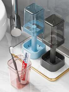 1 pieza Soporte para cepillo de dientes con vaso, Organizador de 3 ranuras para cepillo de dientes y pasta de dientes, Soporte ajustable para cepillo de dientes eléctrico con tapa antipolvo, Estante de drenaje para encimera de baño - Multicolor - Ver 3