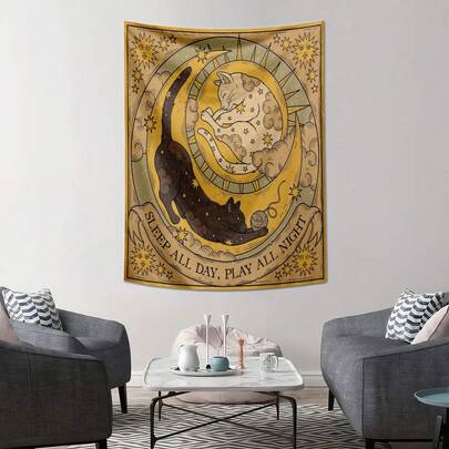 1 件复古太阳、月亮、招财猫、星座、字母印花波西米亚风格挂毯、墙面装饰、涤纶挂壁挂毯，适用于客厅、卧室、办公室、大学宿舍、家居装饰、厨房墙壁装饰，具有悬垂效果，附带 3 个墙钉和 2 个夹子