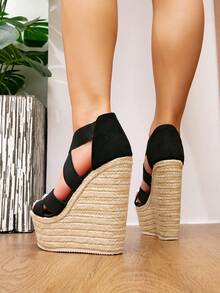 女士复古坡跟防水台编织一脚蹬凉鞋，厚底，交叉绑带，松紧带，踝带，厚底高跟凉鞋，适合春夏季度假，波西米亚风格，性感俱乐部