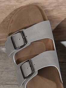 女士新款时尚沙滩凉鞋，木底平底露趾透气双扣优雅休闲舒适户外散步平底凉鞋 - 淺灰色 - 查看 7