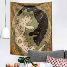 1 Pc Vintage Sun, Moon, Lucky Cat, Constellation, Letter, Boho Style Printed Tapestry Wall Hanging Decor, Living Room, Bedroom, Office, Dorm, Home Party, Rectangular Kitchen Wall Decor Fabric With Drape, Includes 3 Pins And 2 Clips