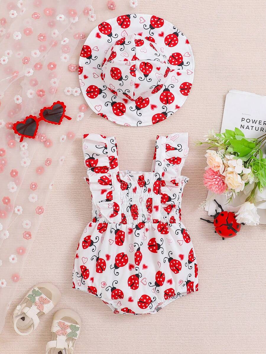 Baby Girl Outfit Set: Cute Strawberry Pattern Bodysuit, Blouse With Flutter Sleeves, Sun Hat - Red - View 1